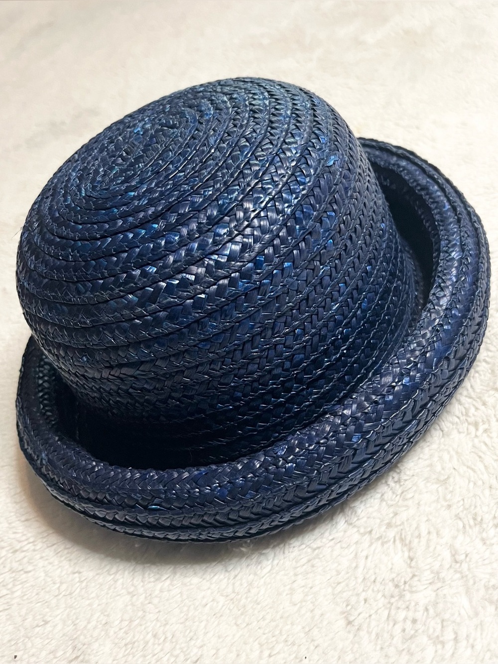 Vintage Navy Blue Braided Straw Rolled Brim Bowler Hat